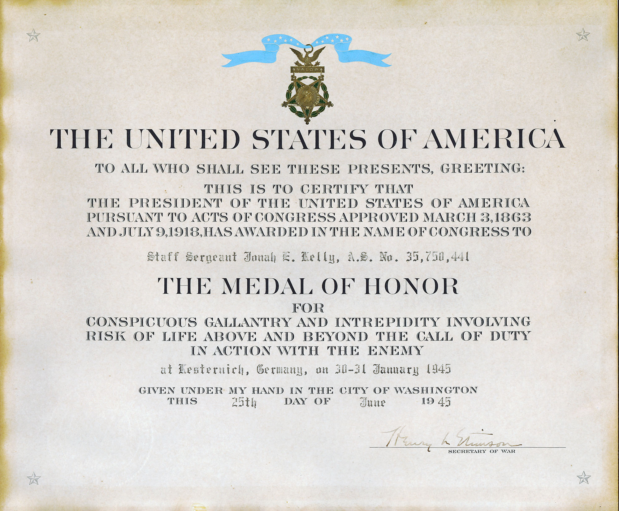 Jonah E Kelley Medal of Honor Citation